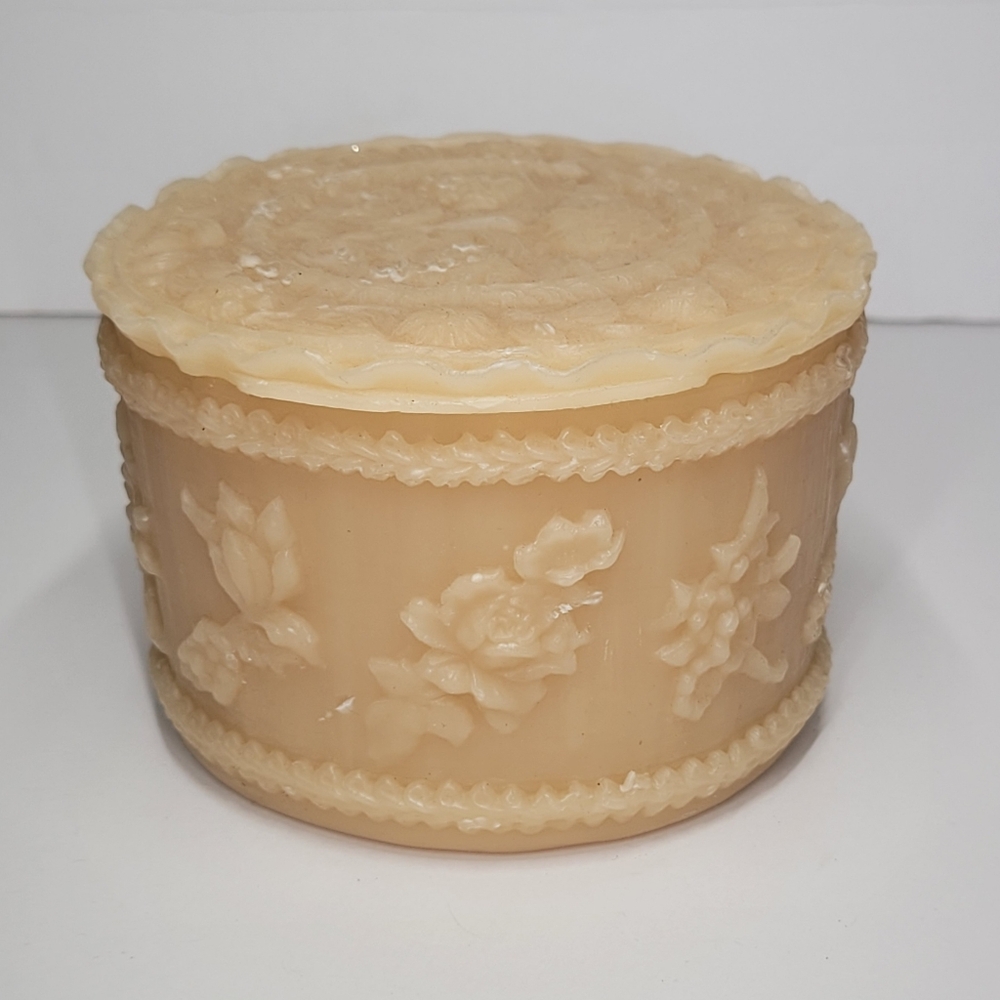 Beeswax Circular Box with Lid - Embossed with Decorations on Sides and Lid